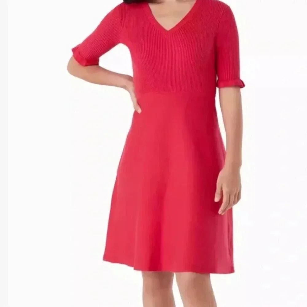 Kate Spade Sweater Dress Mini Ruffled V-Neck Short Sleeve Knit Pink Size Large